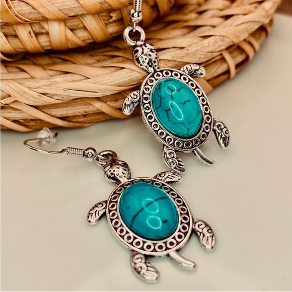 Bohemian Silver Turtle Drop Earrings with Turquoise Accents - Picture 2 of 6
